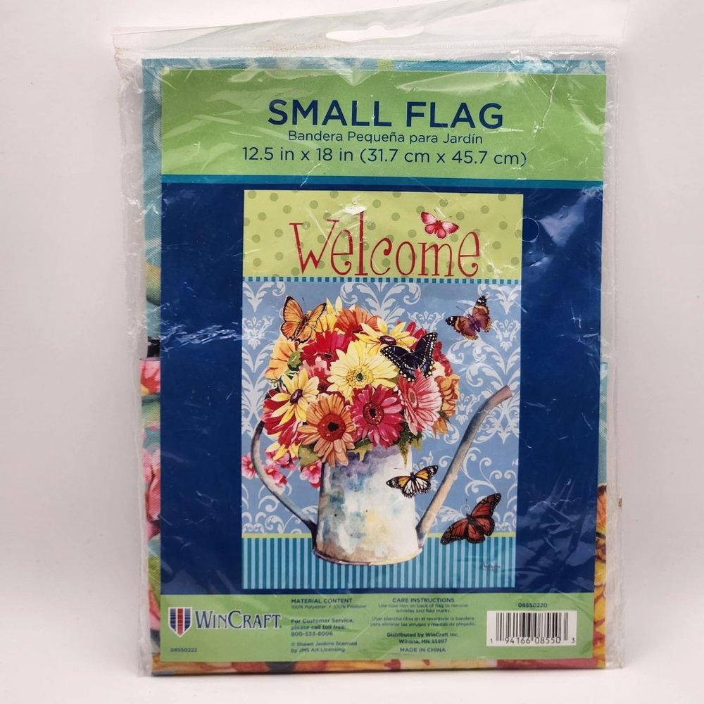 Small Garden Flag Welcome Watering Can Flowers Butterflies New In Pkg 12.5x18 IN